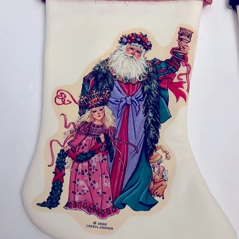 Vintage Cheryl Johnson Old World Santa Christmas Stockings 1986 Pair